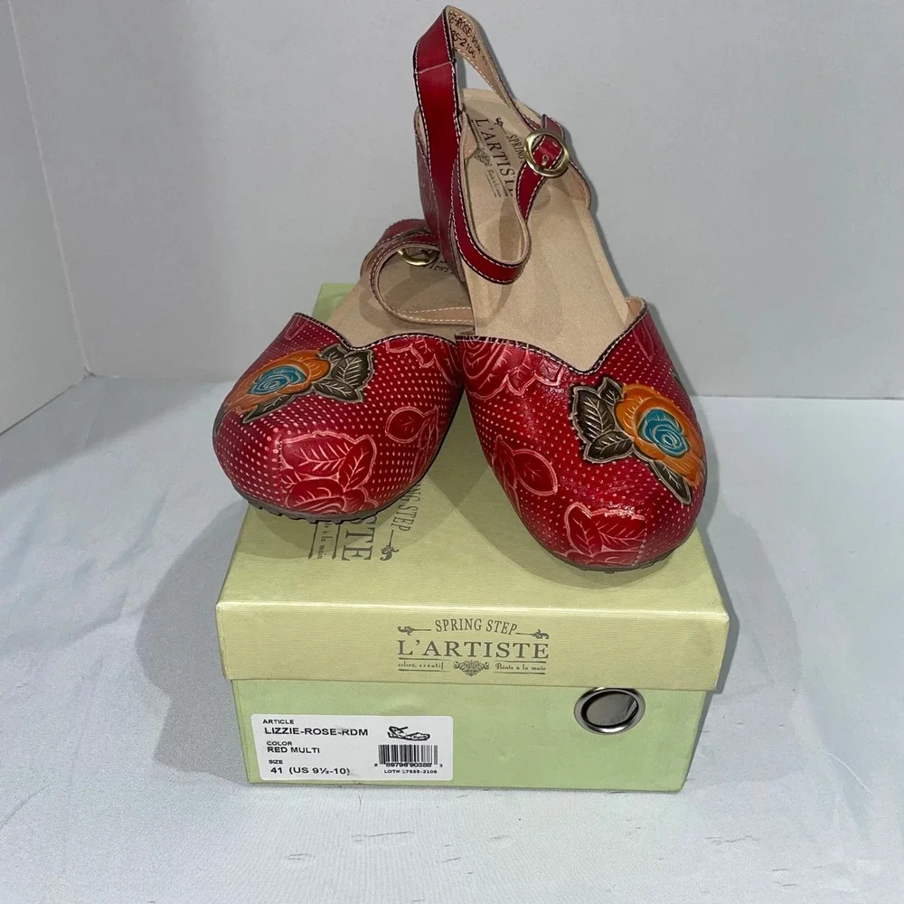 L'Artiste Spring Step Lizzie-Rose Red Multi Floral Leather Slingback Shoes 41 10